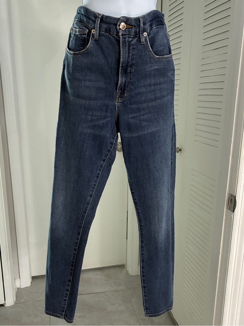 Womens Good American Dark Blue Straight Leg Skinny Fit Jeans